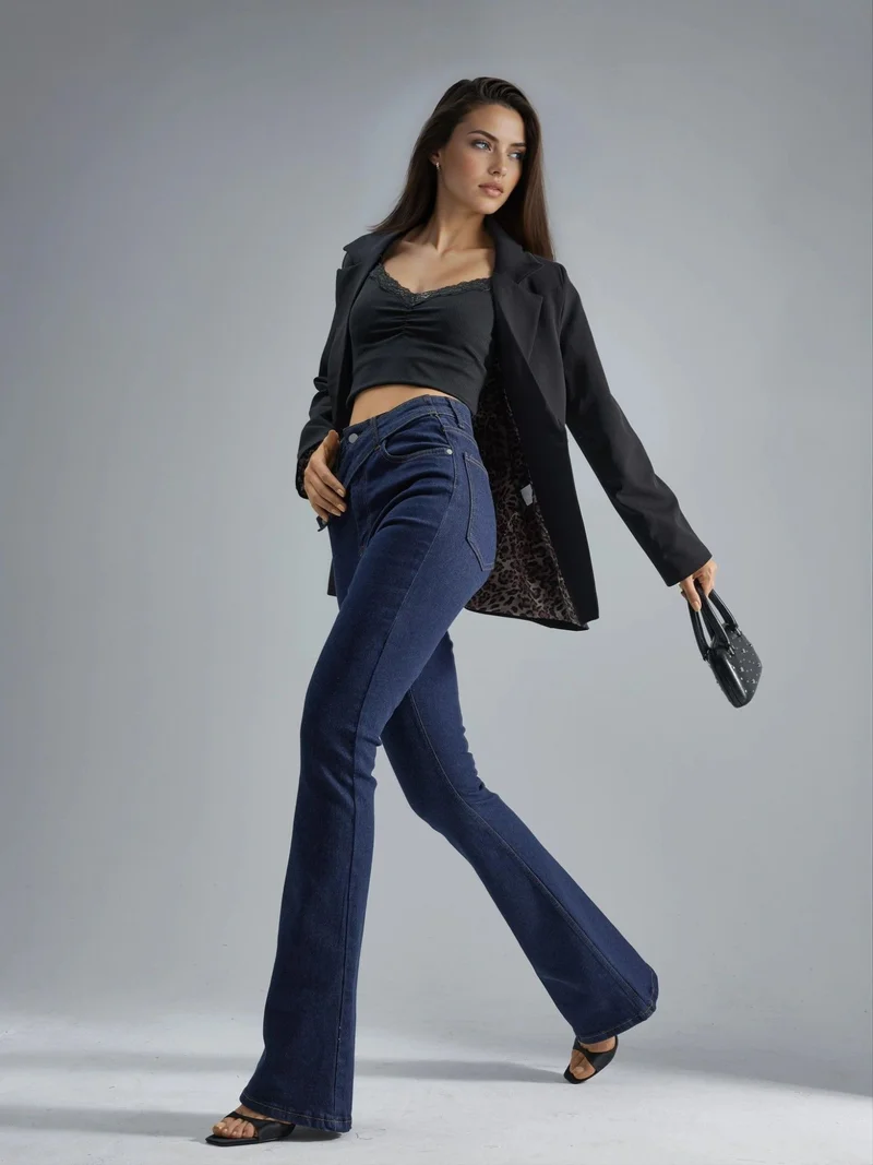 HICCUP Dark Blue Denim SQUALO Belt Detailed Flare Leg Denim Jeans for Women | Best Price UAE